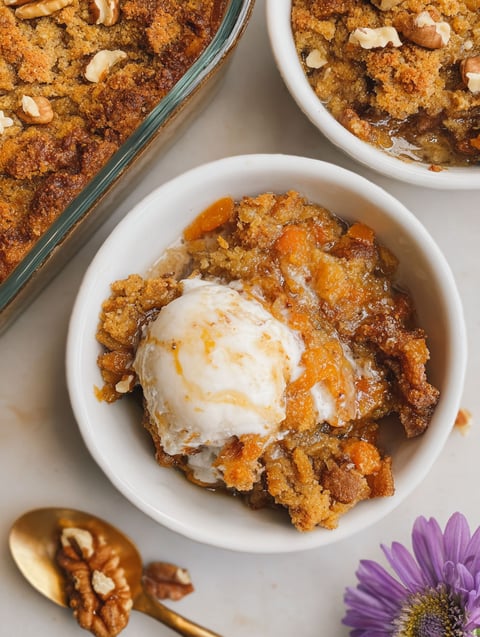 Eine Schüssel Karotten Cobbler mit einer Kugel Eis oben drauf.