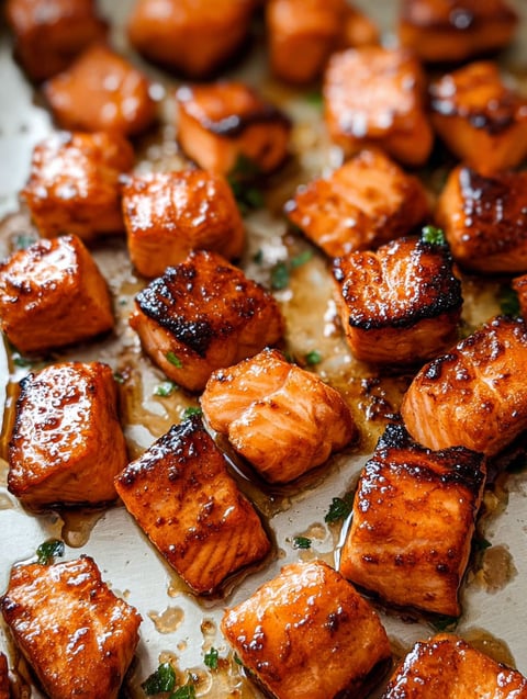 Scharf süße Lachsstücke auf einem Blech.