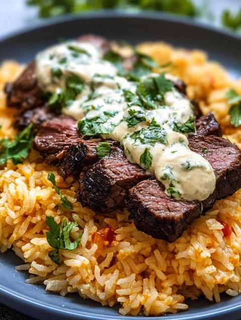 Teller mit Reis, Fleisch und Käse oben drauf.