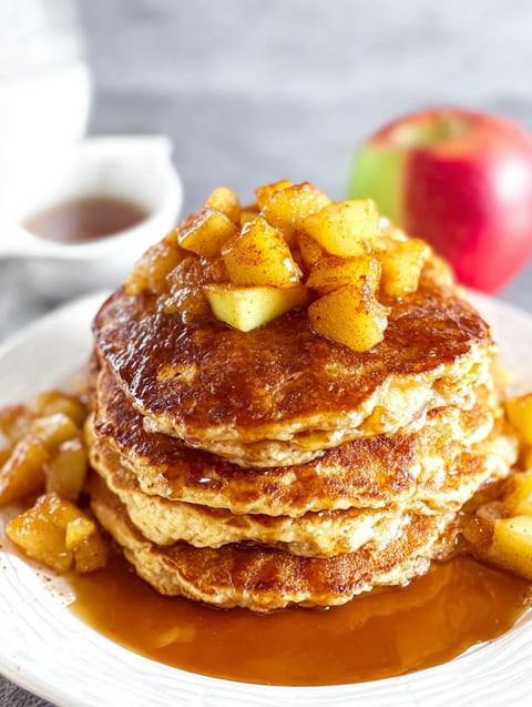 Ein Stapel von Zimt Apfel Pfannkuchen.