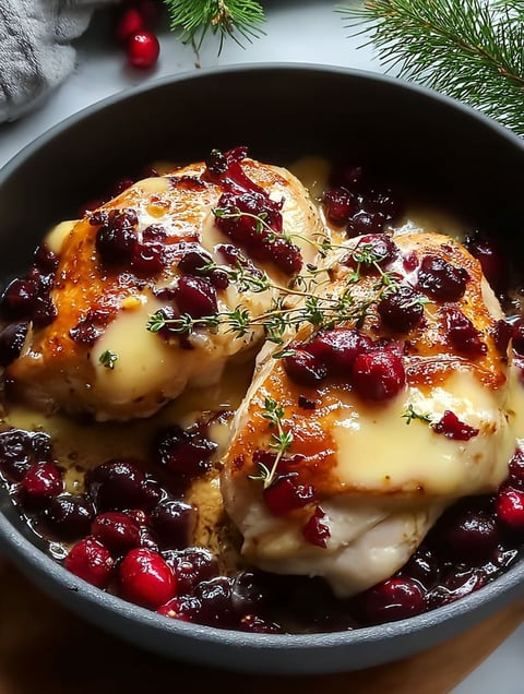 Teller mit Hähnchen, Cranberries und Käse.