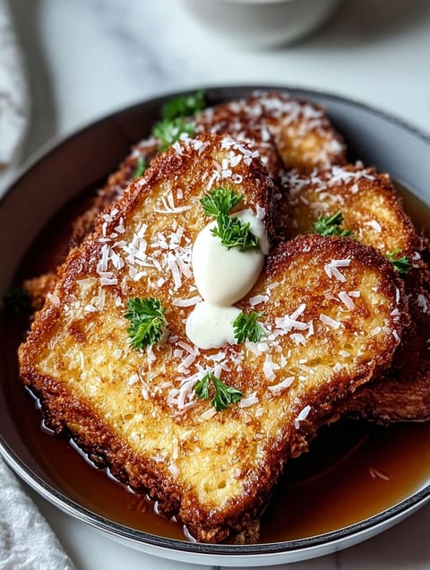 Ein Teller French Toast mit Kokos obendrauf.