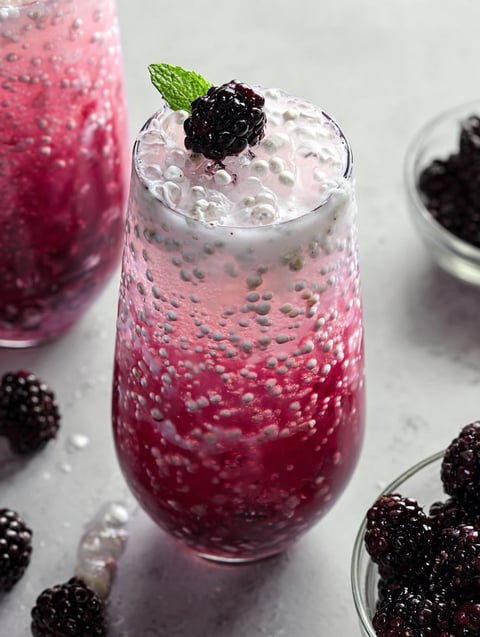 Ein Glas mit cremiger Low-Carb Brombeer Limo.