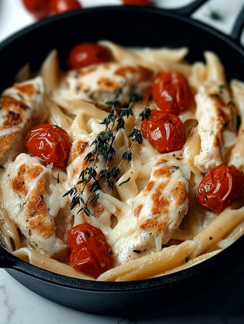 Ein Teller mit Huhn, Mozzarella und Pasta.