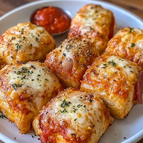 Ein Teller mit knusprigen Pizza Rolls aus dem Airfryer.