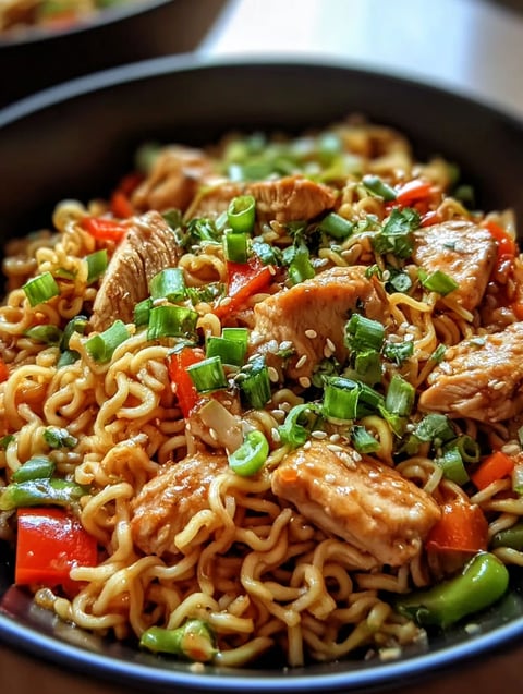 Eine Schüssel Huhn-Pfanne mit Nudeln.