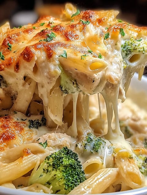 Nahaufnahme von Broccoli Hühnchen Auflauf mit Alfredo Sauce