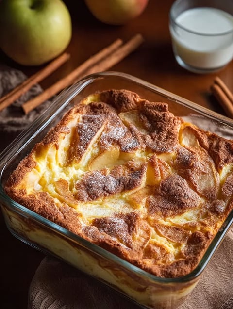 Ein Glasgericht mit einem Zimt Apfel Quark Auflauf.