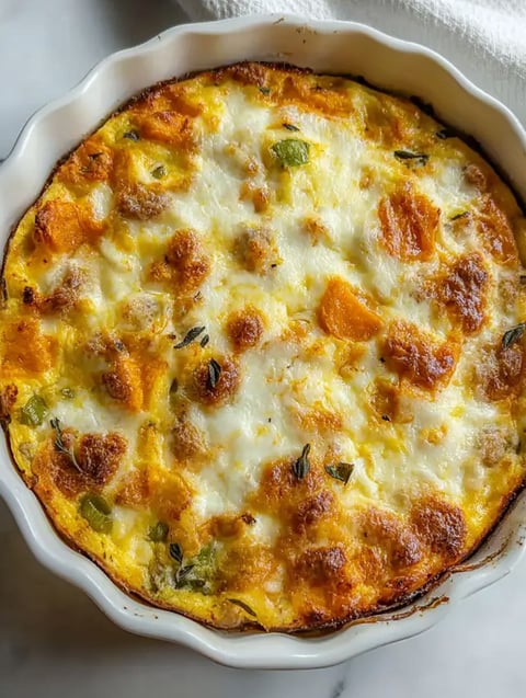 Nahaufnahme eines leckeren Süßkartoffelauflaufs.