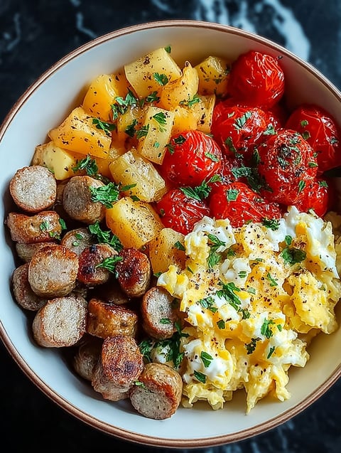 Eine Schüssel mit Essen, Würstchen, Tomaten und Kartoffeln.