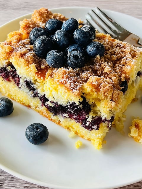 Ein Stück Blaubeer Pfannkuchen Auflauf.