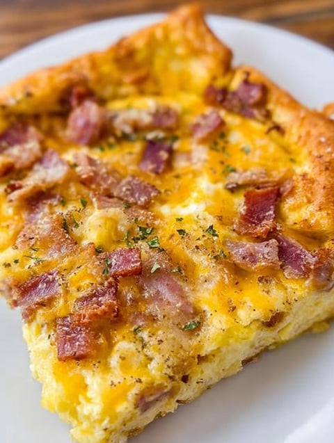 Ein Stück Frühstücksauflauf mit Speck und Käse.