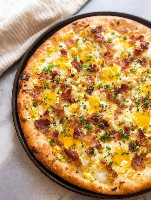 Eine Frühstückspizza mit Speck und Käse.