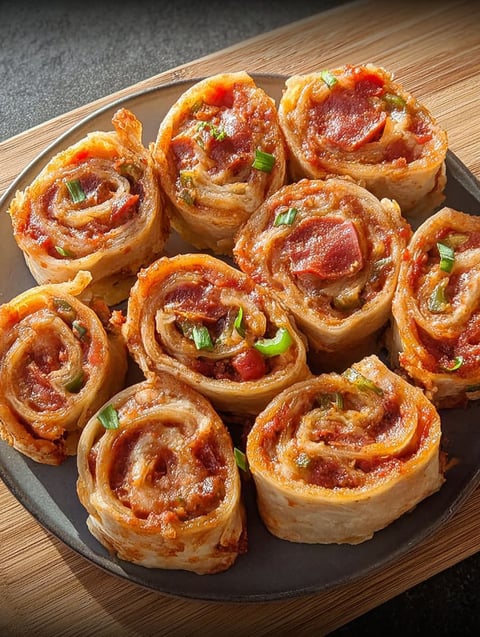 Ein Teller knuspriger Tortilla Pizza Rolls.