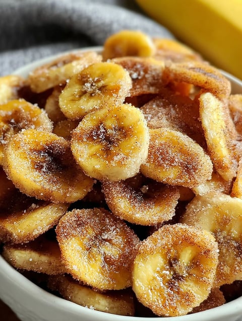 Eine Schüssel mit Bananenchips aus der Heißluftfritteuse mit Zimt und Zucker.