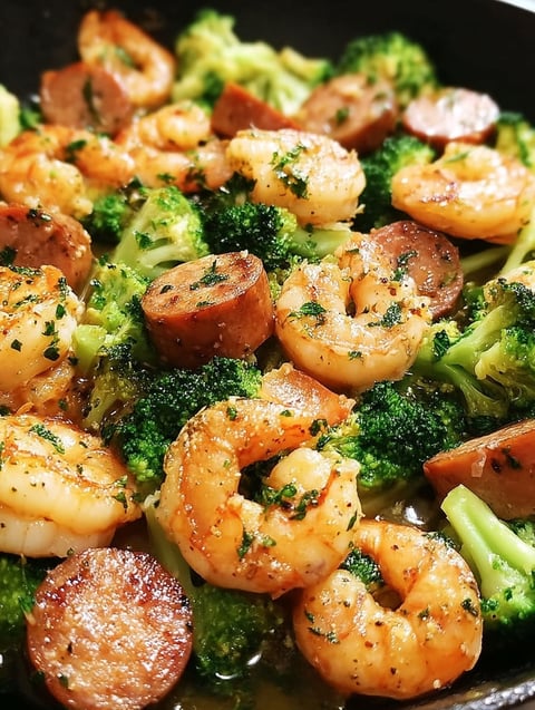 Ein Teller mit Garnelen, Wurst und Brokkoli.