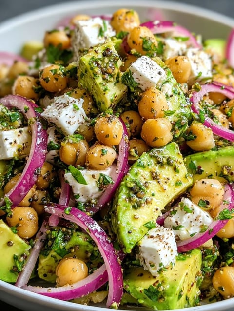 Salat mit Kichererbsen, Feta und Avocado.