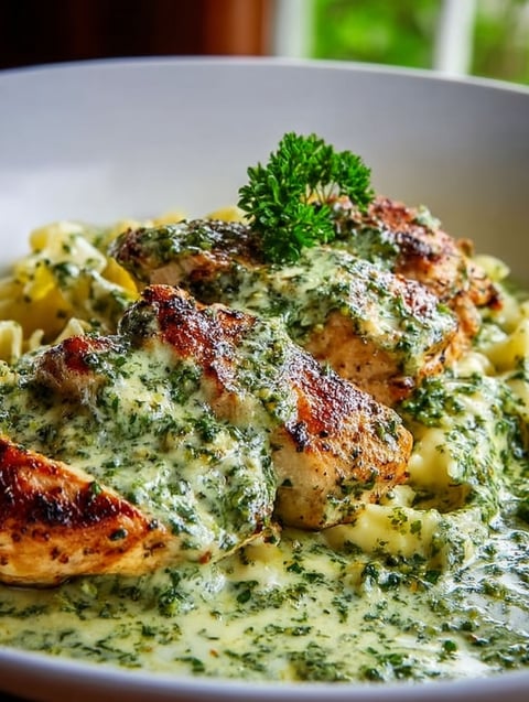 Ein Teller mit cremigem Pesto-Huhn und grüner Deko.