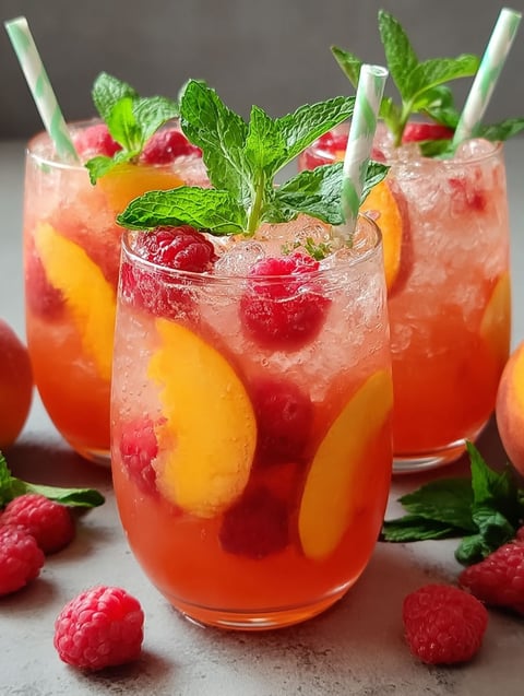 Ein Glas Himbeer Pfirsich Limo mit grünem Strohhalm.