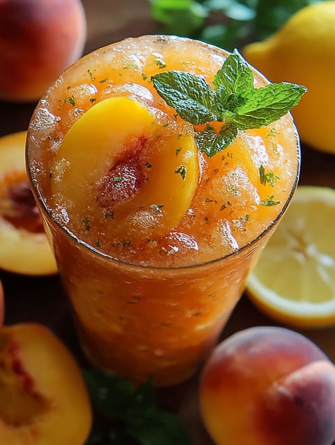 Ein Glas mit gefrorener Pfirsichlimonade.