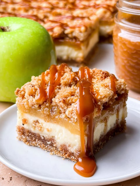 Ein Stück Apfel Karamell Käsekuchen Riegel.