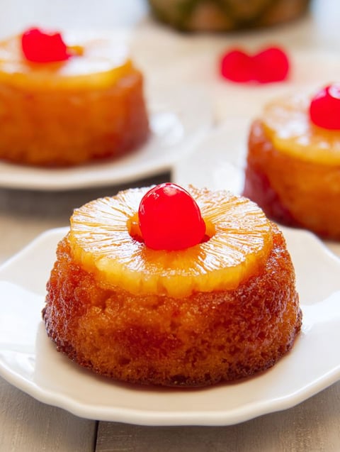 Drei kleine Ananas Küchlein auf einem Teller.