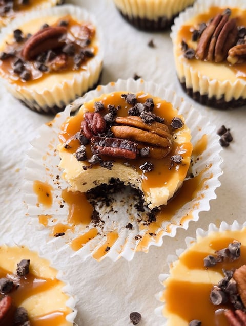 Mini Käsekuchen mit Karamell und Schokolade.