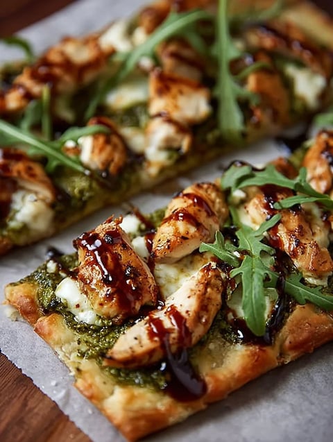 Pesto Huhn Fladen mit Käse und Sauce.