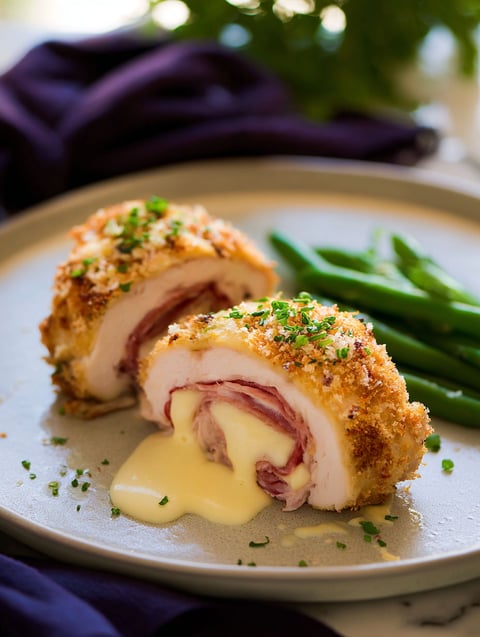 Ein Teller mit Huhn Cordon Bleu, Käse und Soße.