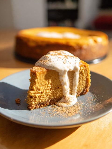 Ein Stück Kürbiskuchen mit weißer Glasur.