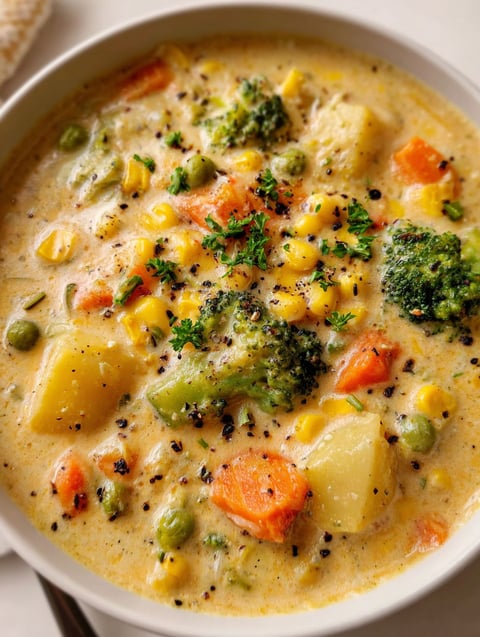 Eine Schüssel Suppe mit Brokkoli und Möhren.