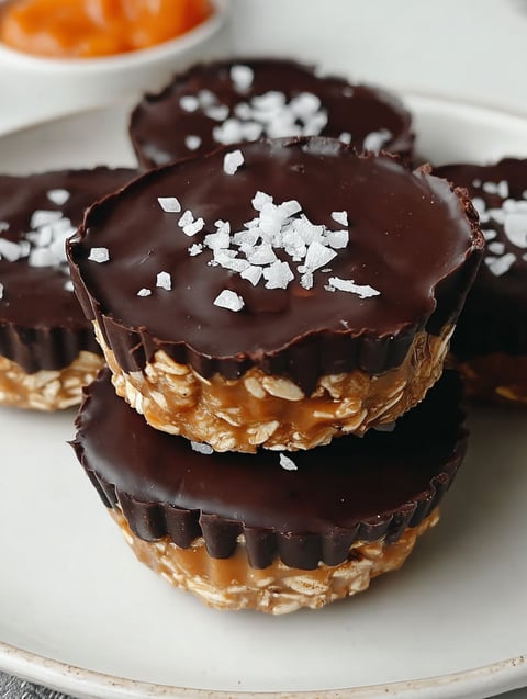 Drei dunkle Haferflips mit grobem Meersalz oben drauf.