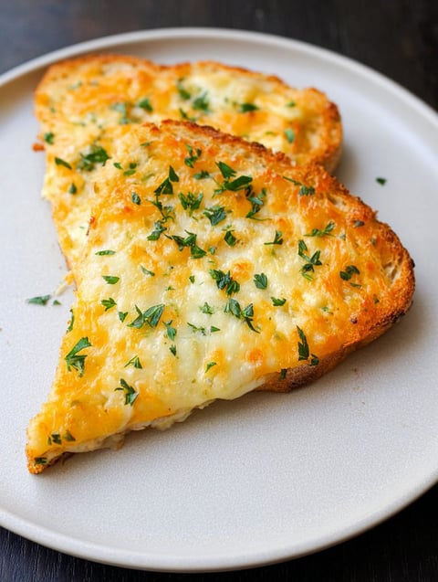 Zwei Scheiben Ei Käse Toast auf weißem Teller.