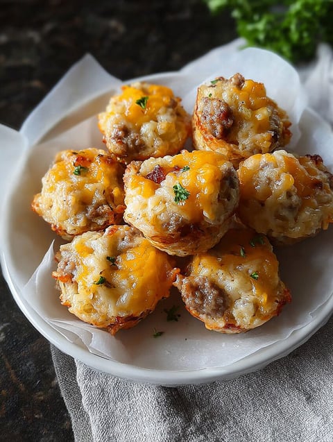 Ein Teller mit Würstchen Kartoffelbissen.