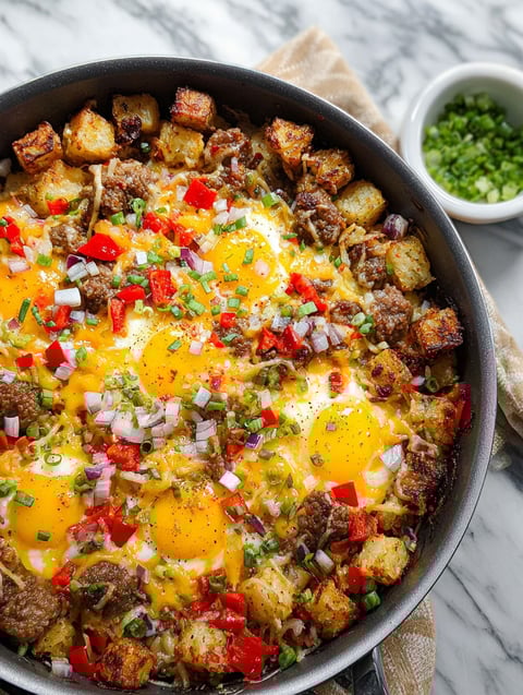 Ein herzhafter Breakfast Hash mit Eiern, Kartoffeln und Paprika.
