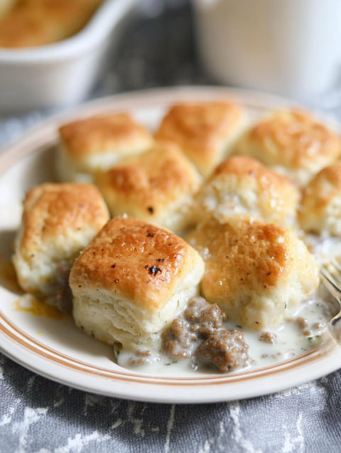 Ein Teller mit herzhafter Biscuits-Wurstsoße