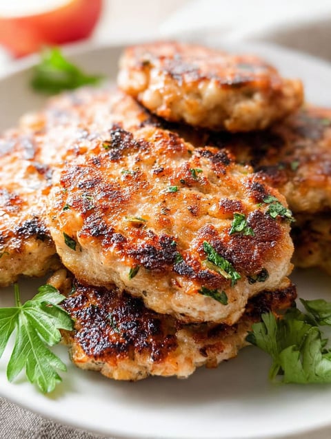 Eine Platte mit Hühnchen-Wurstpatties.